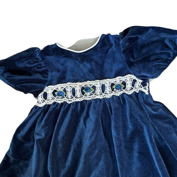 VTG rare editions navy bluee velvet formal party dress white lace toddler girl 3 - Picture 2 of 5